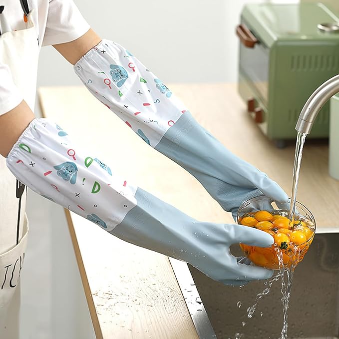 3 Pairs Dishwashing Cleaning Gloves, SHAIDOJIO Waterproof Reusable Kitchen Long Rubber Gloves, Non-Slip Latex-Free Household Gloves With Cotton Lined for Laundry Cleaning Working Gardening Cooking