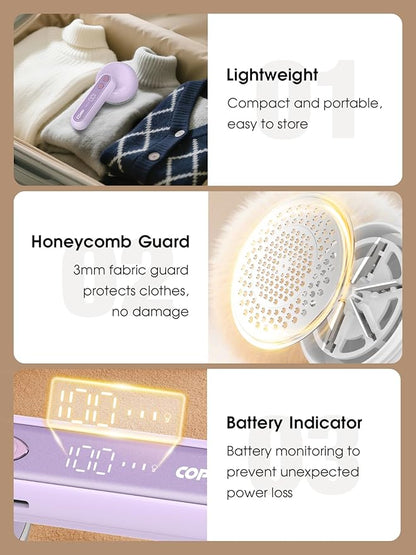 COPPA Lint Remover, LR-01 Remove Fuzz Lint USB-C Rechargeable 6 Blades & 3 Speed Mode Shut-Off Protection Portable Fuzz Remover with Battery Display for Clothing Furniture Curtain