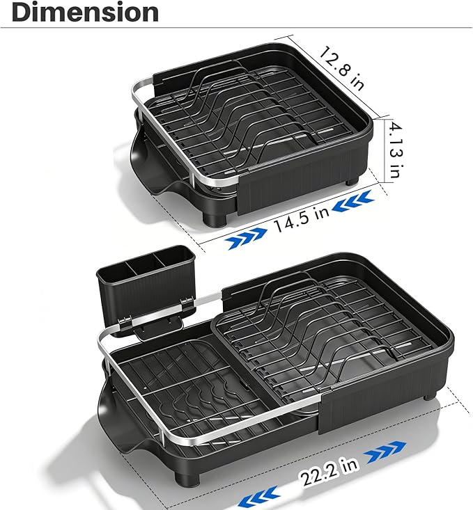 Kmiectse Dish Drying Rack – Expandable Dish Rack for Kitchen Counter, Stainless Steel Dish Drainer with Utensil Holder, Black