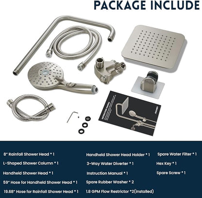 Ryamen Dual Shower Head Combo, Brushed Nickel 8'' High Pressure Rain/Rainfall Shower Head, 6 Settings Adjustable Handheld Showers, with 15" Height Adjustable Slide Bar, Holder/59’‘ Hose