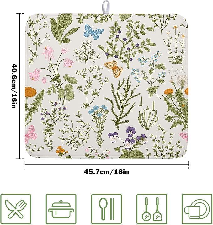 Kawani Wild Flowers Plant Dish Drying Mats for Kitchen Counter 16x18 Inch,Sage Herbs Kitchen Drying Mat,Botanical Plant Dishes Pad Dish Drainer Rack Mats Absorbent Fast Dry Kitchen Accessories