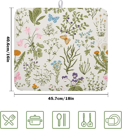 Kawani Wild Flowers Plant Dish Drying Mats for Kitchen Counter 16x18 Inch,Sage Herbs Kitchen Drying Mat,Botanical Plant Dishes Pad Dish Drainer Rack Mats Absorbent Fast Dry Kitchen Accessories