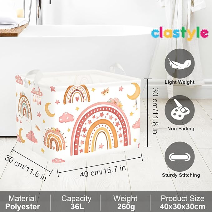 Clastyle Rainbow Baby Laundry Hamper Cloud Kid Storage Basket Women Girl Gift Toy Box Collapsible Clothes Organizer Nursery Bin for Bedroom,Moon,40 * 30 * 30 cm