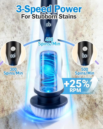 Electric Spin Scrubber, 3-Speed Cordless Shower Scrubber with 90° Adjustable & 10 Replaceable Brush Heads, 90 Mins Runtime & Full-Body IPX7 Waterproof Shower Cleaner Brush with Long Handle