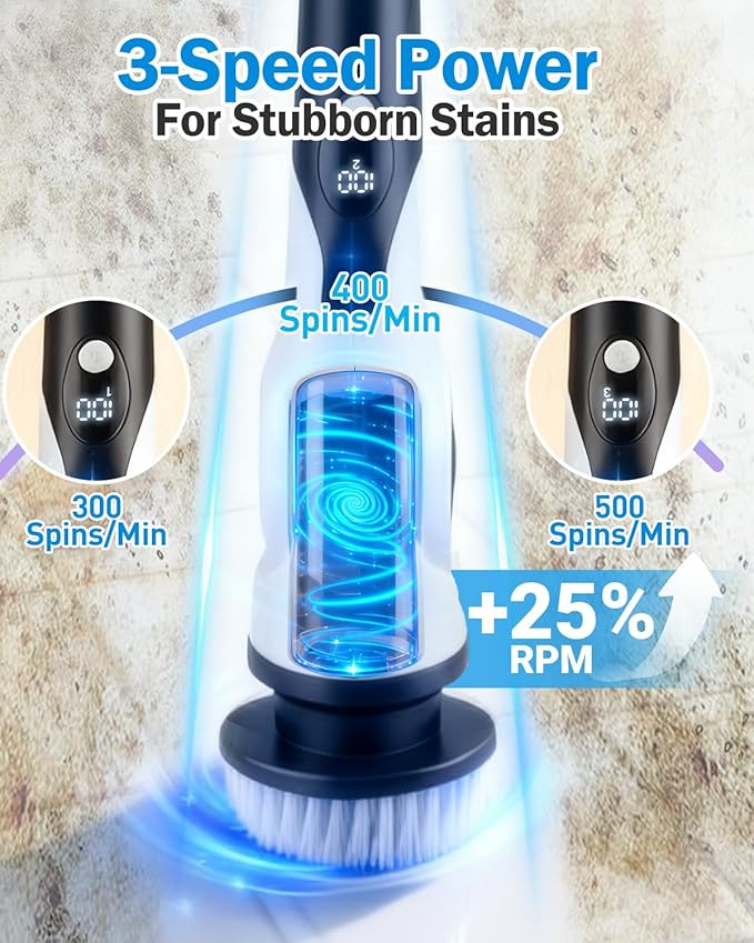 Electric Spin Scrubber, 3-Speed Shower Scrubber with Long Handle & 10 Replaceable Brush Heads, Cordless Shower Cleaner Brush with 90 Mins Runtime & Full-Body IPX7 Waterproof for Bathroom Kitchen