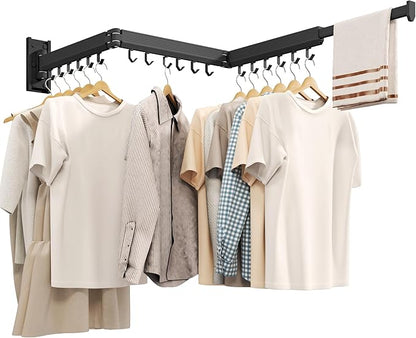 Wall Mounted Clothes Drying Rack, Collapsible Laundry Drying Rack, Retractable Foldable Drying Rack Clothing for Hanging Clothes,Black-Hooks