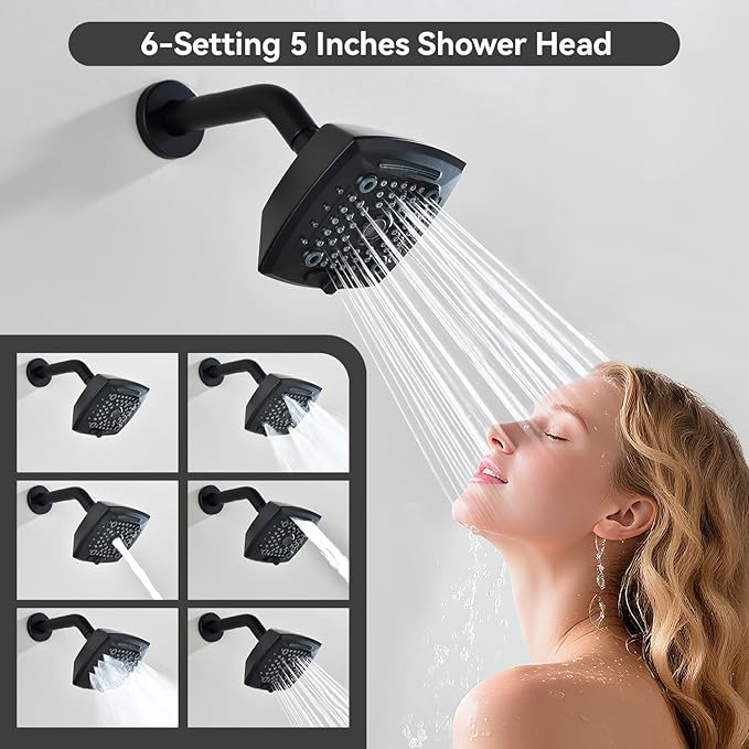 3 Handle Shower Faucet Set with Tub Spout 6-Spray Shower Head and Handle Set Shower Trim Kit with Rough-in Valve Bathroom Shower Faucet Valve Trim Kit Shower System Matte Black