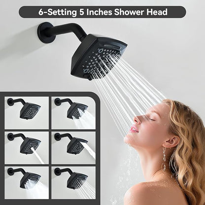 2 Handle Shower Faucet Set 6-Spray Shower Head and Handle Set Shower Trim Kit with Rough-in Valve Bathroom Shower Faucet Valve Trim Kit Matte Black