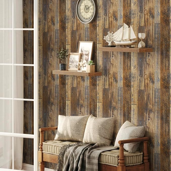 Livebor Brown Wood Contact Paper Peel and Stick Wallpaper 17.5" X 196.8" Rustic Wood Peel and Stick Faux Wood Wall Paper Plank Self Adhesive Contact Paper for Wall Decorative Cabinets Shelf Liner Use