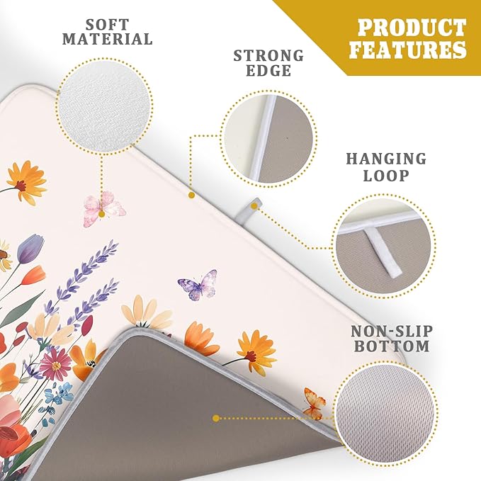 Kawani Spring Summer Flowers Dish Drying Mat for Kitchen Counter 18"x24" Colorful Floral Drying Mat Soft Absorbent Microfiber Farmhouse Fluttering Butterfly Dish Drainer Rack Mats for Counter tops