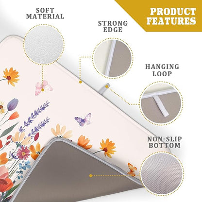 Kawani Spring Summer Flowers Dish Drying Mat for Kitchen Counter 18"x24" Colorful Floral Drying Mat Soft Absorbent Microfiber Farmhouse Fluttering Butterfly Dish Drainer Rack Mats for Counter tops