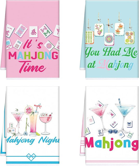 Mahjong Kitchen Towels Set of 4, Cocktail Dish Towels Gifts for Cooking Cleaning, Funny Decorative Hand Tea Towels for Mahjong Lover Gifts Bathroom Decor