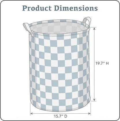 Blue Checkered Laundry Basket, Collapsible Aesthetic Cute Canvas Organizer Hamper Basket for Storage, Toy Bins, Bedroom Clothes, Children Nursery, Gift Basket