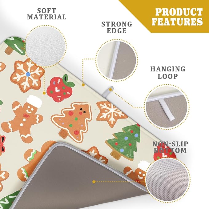 Christmas Dish Drying Mat for Kitchen Counter 18x24 Cute Gingerbread Themed Winter Xmas Holiday Absorbent Reversible Microfiber Drying Mats Kitchen Countertop Protector Dishes Drainer Rack Pad