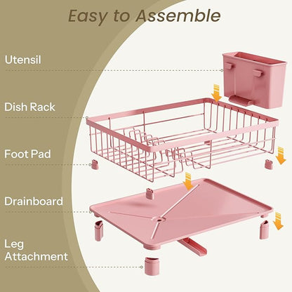 SNTD Dish Drying Rack - Small Dish Rack for Kitchen Counter, Stainless Steel Dish Drainer with Utensil Holder and Drainboard, 11" W x 15" L (Pink)