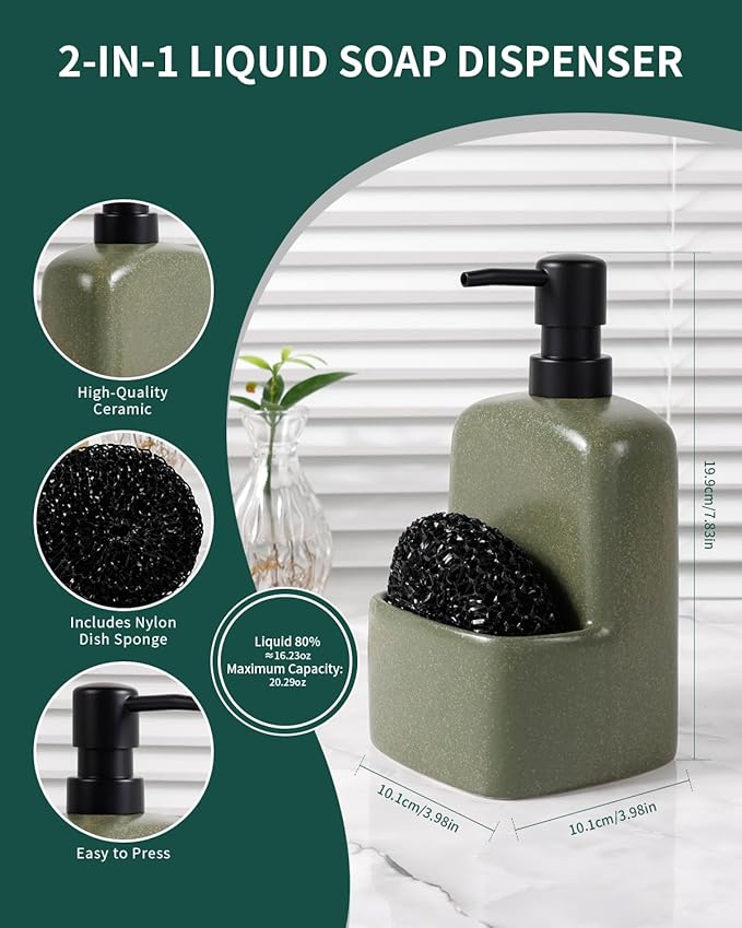 BosilunLife Dish Soap Dispenser - Matte Green Ceramic Kitchen Soap Dispenser with Sponge Holder Matte Ceramic Soap Daddy Dispenser 20oz for Kitchen Soap Pump and Sponges Caddy