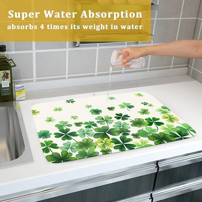 Happy St. Patrick's Day Dish Drying Mat for Kitchen Green Kitchen Dish Drying Mat for Dishes Spring Lucky Clover Shamrock Drying Mats 18x24 Inch Absorbent Reversible Dish Pad for Countertop Coffee Bar