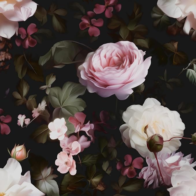 Fvlow Glowing Pink Floral Peel and Stick Wallpaper Vintage Black Wallpaper Vinyl Wrap Kitchen Worktop Covering Vinyl Self Adhesive Leaf Contact Paper for Cabinets Drawers Sticker Decor 17.4" x 118"