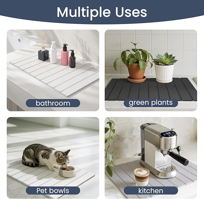 Meowoo Stone Drying Mat for Kitchen Counter, 23.6"x15.3" Foldable Diatomaceous Earth Mat, Super Absorbent, Quick-Dry Bath & Kitchen Pad for Dishes, Cups, Bottles, Non-Slip, Fits Any Countertop - White