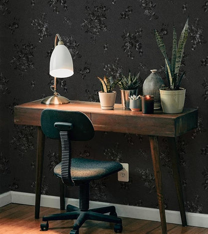 Black Peel and Stick Wallpaper 787.4inL17.3inW Silk Embossed Floral Contact Paper for Cabinets Drawer Furniture Textured Flower Removable Wallpaper for Kitchen Bathroom Waterproof