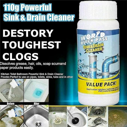 Powerful Sink and Drain Cleaner, Portable Powder Cleaning Tool for Kitchen Toilet Pipe, Unscented, Solid, Removes Clog, Eliminates Odor