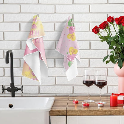 Valentines Day Kitchen Towels, 4PCS Conversation Heart Dish Towels for Cooking Cleaning, Absorbent Aesthetic Tea Towel with Hanging Loop for Home Kitchen Decor(16 X 24 Inches)