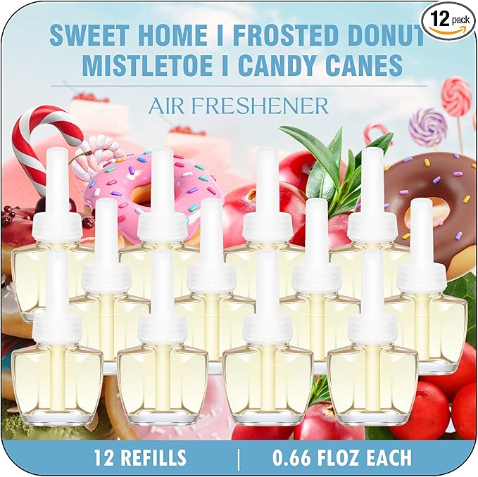 Plug-In Air Freshener Refills 12 Pack - Holiday Scents with Sweet Home, Frosted Donut, Mistletoe, Candy Canes - Wall Plug in Refills 7.92 Fl Oz - Compatible with Air Wick & Glade, Not for Glade Plus