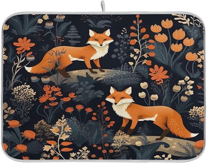 Dish Drying Mat Kitchen Counter Absorbent Two Foxes Coffee Sink Mat Dish Drainer Pad 18 Inch x 16 Inch
