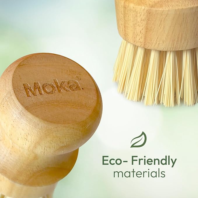 Moka Bamboo Dish Brush - Eco Friendly Scrub Brush with Natural Bristle - Premium Bamboo Dish Scrubber for Kitchen Cleaning, Dishes, Pots, and Pans - Sustainable and Durable Design