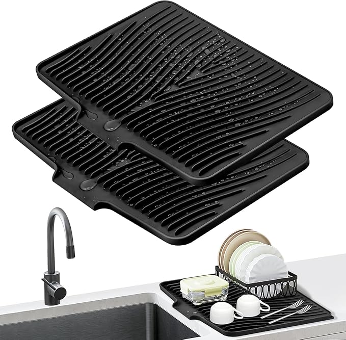 Silicone Dish Drying Mat for Kitchen Counter, Dish Drying Pad, Non-Slip Drain Pad with Built-in Drain, Heat Resistant Stone Drying Mat,Ivory, 2pcs-XL