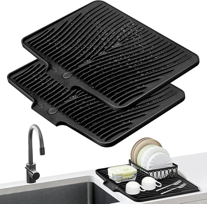 Silicone Dish Drying Mat for Kitchen Counter, Dish Drying Pad, Non-Slip Drain Pad with Built-in Drain, Heat Resistant Stone Drying Mat,Ivory, 2pcs-XL