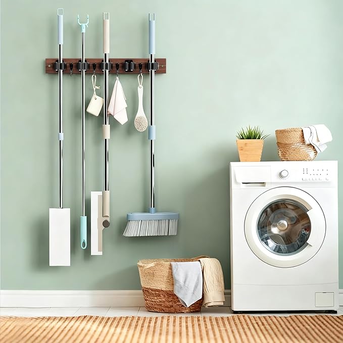 Broom Holder Wall Mount, Rustic Wood Broom Hanger with 5 Racks and 4 Hooks, Laundry Room Organization and Storage, Mop Holder for Home Decor, Garden, Garage, Kitchen, Closet (Black walnut Wood)