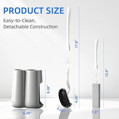 Toilet Brush and Holder Set with Pumice Stone – Long Handle Toilet Bowl Brush, Anti-Splash Scrubber, Ventilated Drip-Free Base, Deep Cleaner for Hard Water Stains, Limescale, Toilet Rings, Grey
