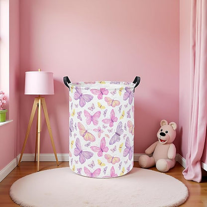 Baby Laundry Hamper kids laundry Basket Waterproof Storage Bin for Bedroom Toy Clothes Organizer Basket Woodland Animals Room Décor(Pink Butterfly)