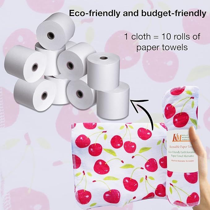 Pack of 10 Reusable Paper Towels | 10x10 Inch Cotton Towels | Kitchen Utensils Print | Eco Friendly, Washable, Quick Drying | Sustainable Cleaning Cloths | Cherries