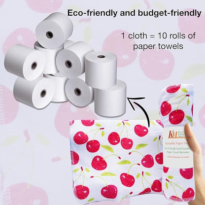 Pack of 10 Reusable Paper Towels | 10x10 Inch Cotton Towels | Kitchen Utensils Print | Eco Friendly, Washable, Quick Drying | Sustainable Cleaning Cloths | Cherries