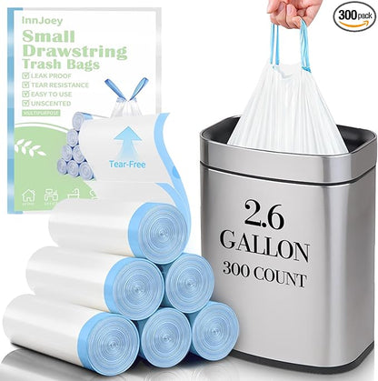300 Count Small Trash Bags for 2.6-Gallon (10 L) Trash Cans,Thick Pre-separated Garbage Bags,Mini Wastebasket can Liners for Bathroom Bedroom Office(White)