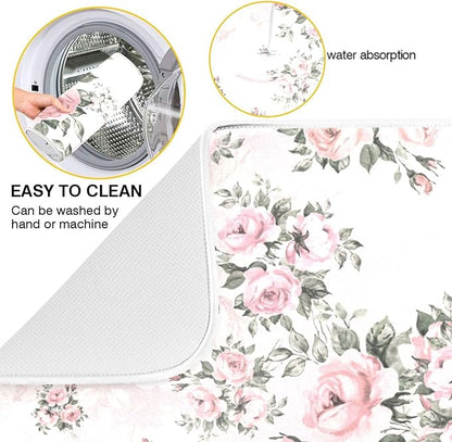Floral Pink Roses Bouquets Dish Drying Mat for Kitchen Counter Absorbent Microfiber Drying Pad, Medium 16x18 in