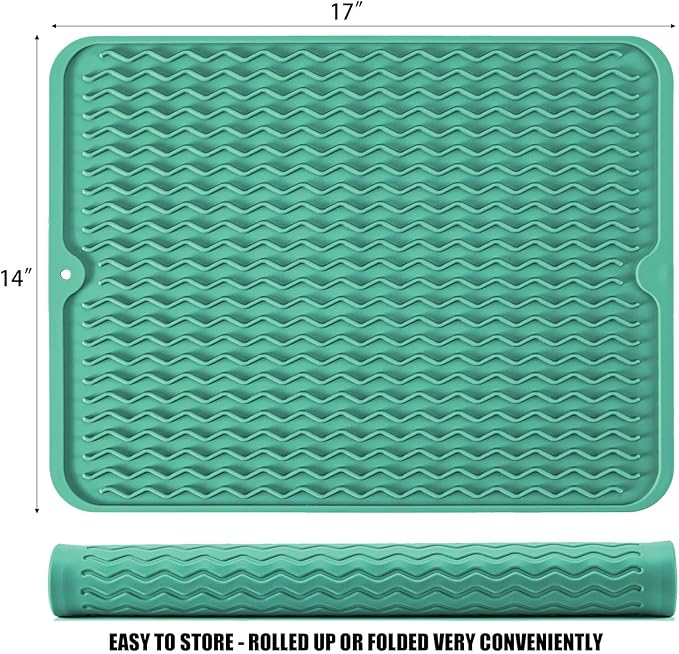 Large 17" x 14" Silicone Dish Drying Mat for Kitchen Counter, Easy clean, Quick Dry, Heat-resistant Dish Drainer Mat for Sink,Refrigerator or Drawer liner (Food Grade Silicone-Green)