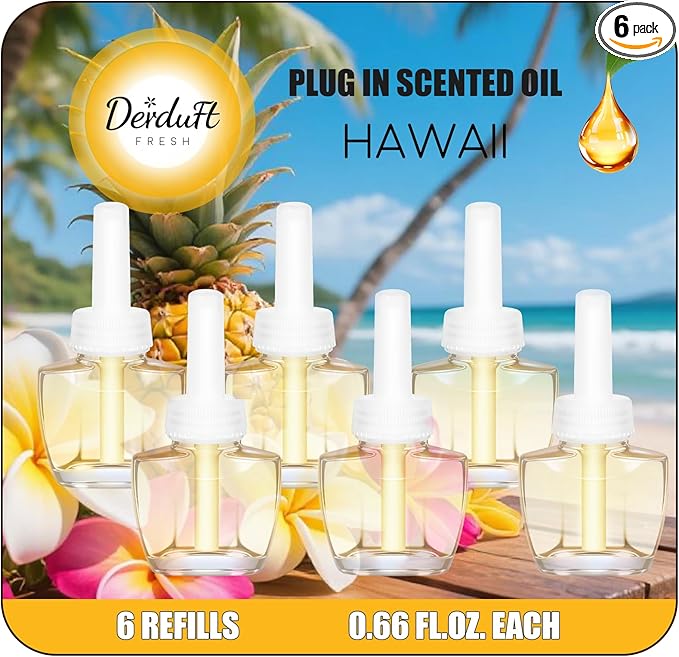 Plug In Air Freshener Refills - Hawaiian Scented, Wall Plug In Refills, 6 Pack (3.96 Fl Oz), Compatible with Air Wick & Glade, Not Include Glade Plus, for Bathroom, Bedroom, Office