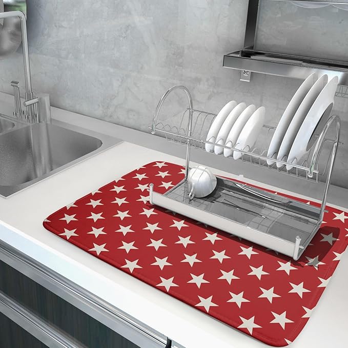 Patriotic July of 4th Red Star Dish Drying Mat for Kitchen Counter 18x24 Memorial Independence Day Absorbent Reversible Microfiber Drying Mats Kitchen Countertop Protector Dishes Drainer Rack Pad