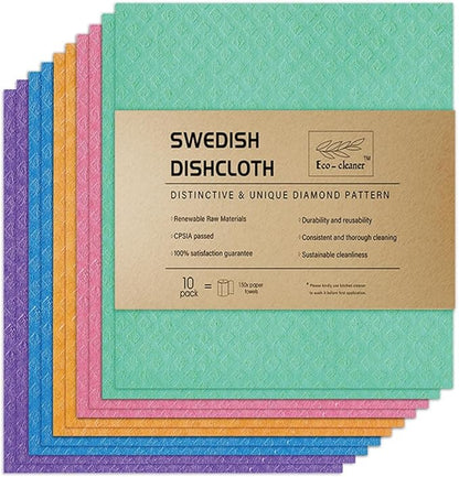Swedish Dishcloth Cellulose Sponge Cloths – Bulk 10 Pack of Eco-Friendly No Odor Reusable Cleaning Cloths for Kitchen – Absorbent Dish Cloth Hand Towel (10 Dishcloths – Assorted)