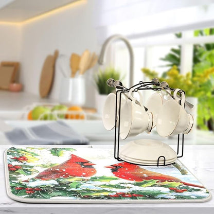 Red Cardinals Holly Bush Christmas Dish Drying Mat for Kitchen Counter Absorbent Microfiber Drying Pad, Medium 16x18 in