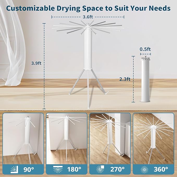 JAUREE Tripod Clothes Drying Rack Foldable, Laundry Drying Rack Collapsible, Portable Clothing Drying Rack Folding Indoor, Octopus Space Saving Laundry Stand with 16 Extendable Aluminum Rods