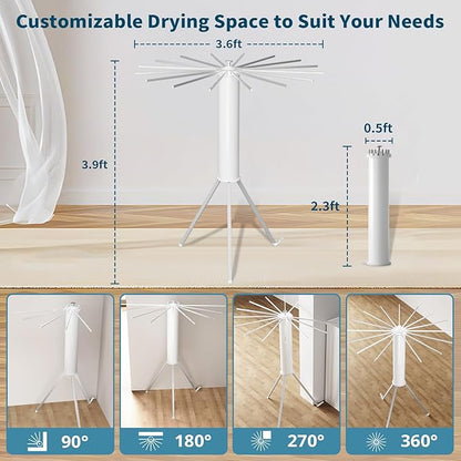 JAUREE Tripod Clothes Drying Rack Foldable, Laundry Drying Rack Collapsible, Portable Clothing Drying Rack Folding Indoor, Octopus Space Saving Laundry Stand with 16 Extendable Aluminum Rods