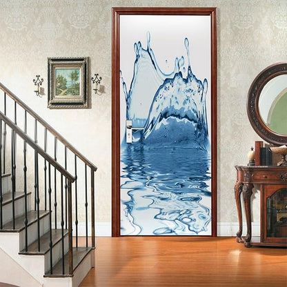 A.Monamour 3D Door Stickers for Interior Doors Splashes of Blue Water on A White Background Vinyl Waterproof Self Adhesive Door Mural Decals for Bedroom Office Bathroom 95x215cm
