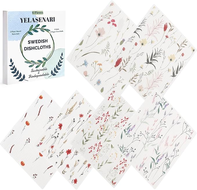 Swedish Dishcloths for Kitchen Reusable 6 Pack Kitchen Towels No Odor Quick-Drying Reusable Paper Towels Reusable Paper Towels Washable for Countertop, Sink, and Kitchen Flower