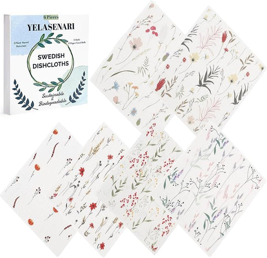 Swedish Dishcloths for Kitchen Reusable 6 Pack Kitchen Towels No Odor Quick-Drying Reusable Paper Towels Reusable Paper Towels Washable for Countertop, Sink, and Kitchen Flower