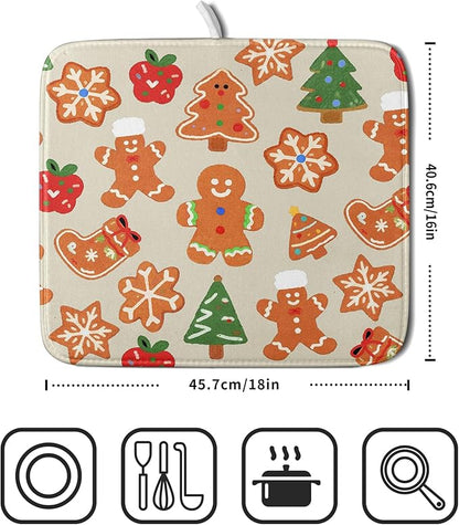 Christmas Dish Drying Mat for Kitchen Counter 16x18 Cute Gingerbread Themed Winter Xmas Holiday Absorbent Reversible Microfiber Drying Mats Kitchen Countertop Protector Dishes Drainer Rack Pad