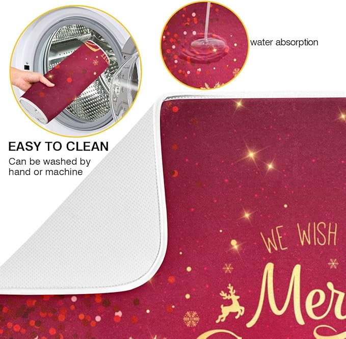 Merry Christmas Drying Mat for Kitchen Counter 16x18 Inch Christmas Dish Mat with Absorbent Reversible Microfiber Christmas Dish Drying Mat Dish Drainer Rack Pad Drainer Mat for Coffee Bar